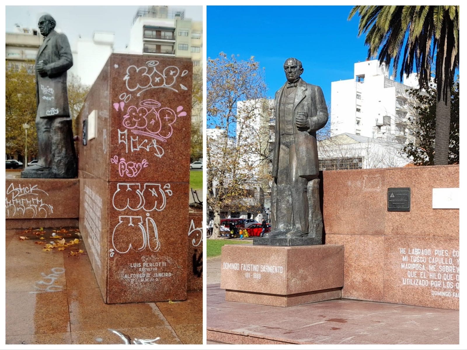 El municipio restauró el monumento a Domingo Faustino Sarmiento ubicado en Plaza Rocha 1 Foto MGP Monumento a Sarmiento