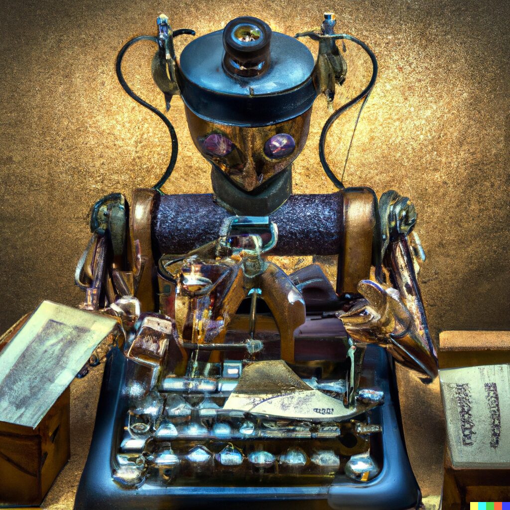 DALL·E 2023 02 16 19.00.36 un robot escribiendo en una maquina de escribir en el siglo XIX