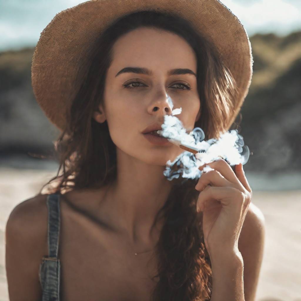 mujer hermosa fumando en la playa