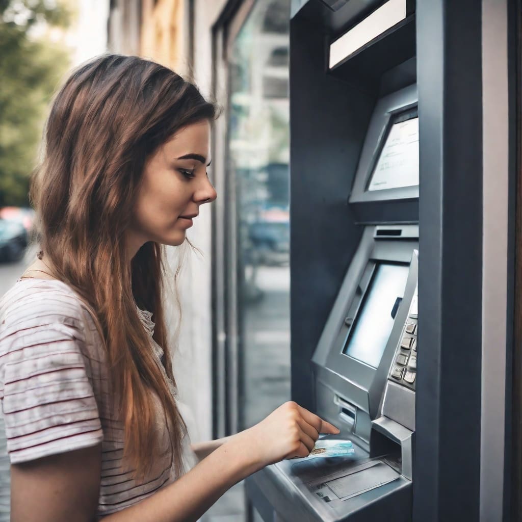 una joven sacando dinero de un cajero automatico