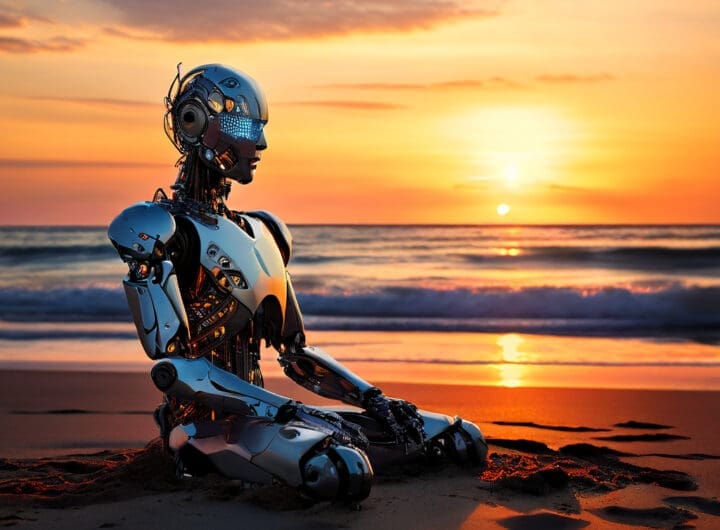 inteligencia artificial en la arena con el mar y un amanecer de fondo