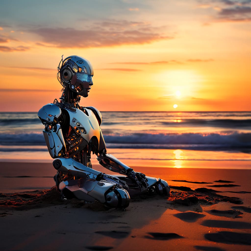 inteligencia artificial en la arena con el mar y un amanecer de fondo