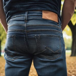 plano corto de la cintura para abajo de un hombre con jean de espaldas en una plaza al lado de un arbol 1