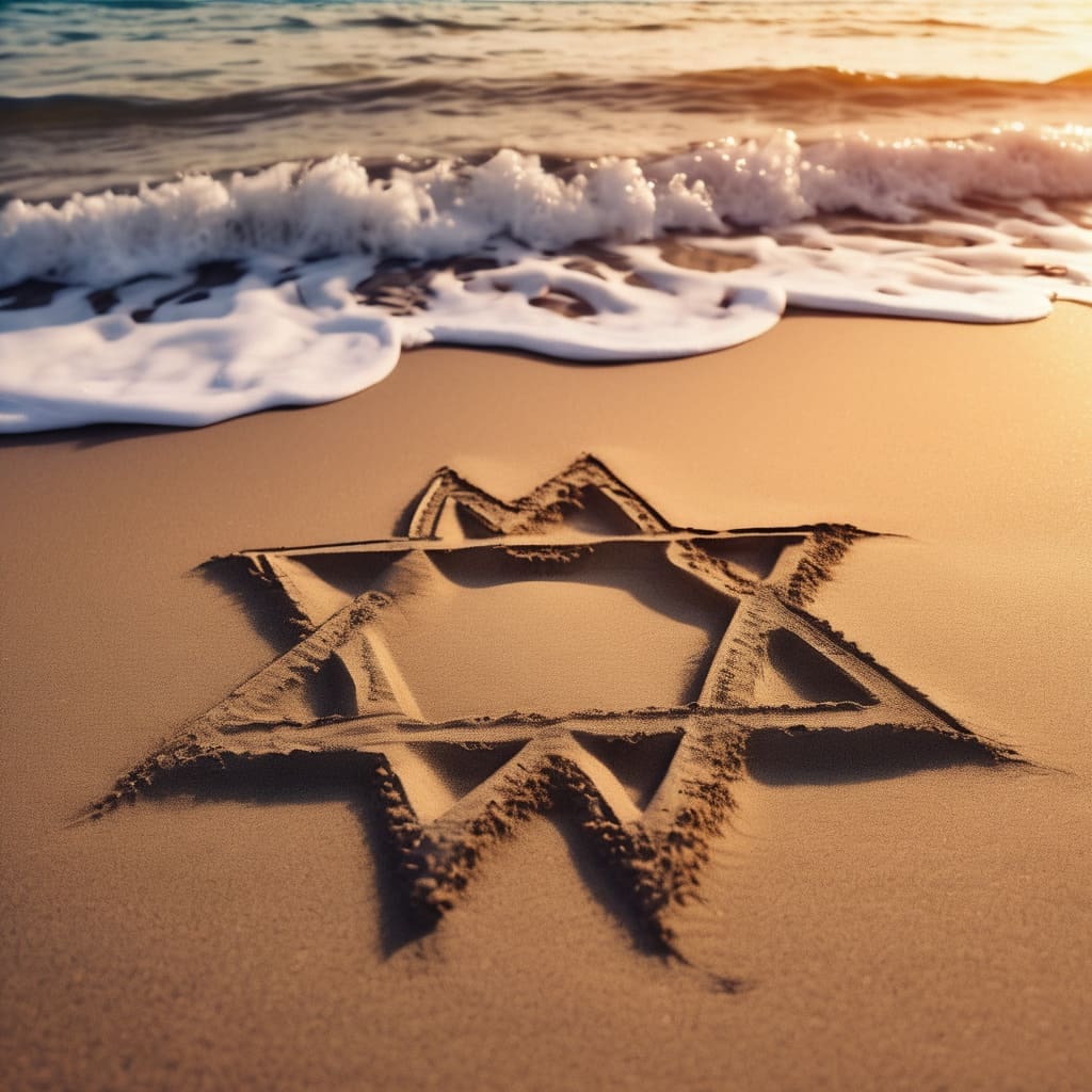 plano corto de la estrella de David clavada en la arena en un atardecer en el mar 1