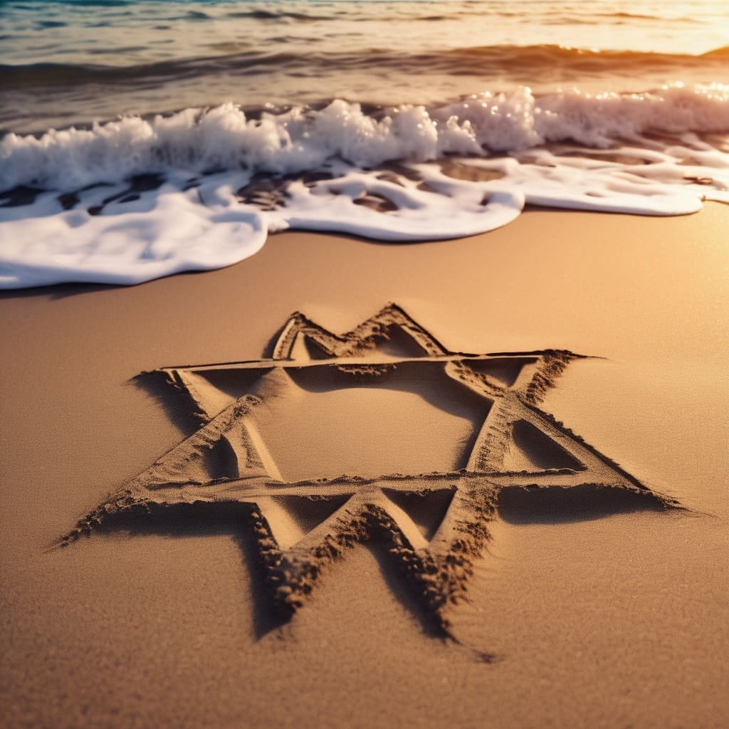 Intendente de Mar del Plata expresa solidaridad con Israel ante ofensiva iraní 1 plano corto de la estrella de David clavada en la arena en un atardecer en el mar 1