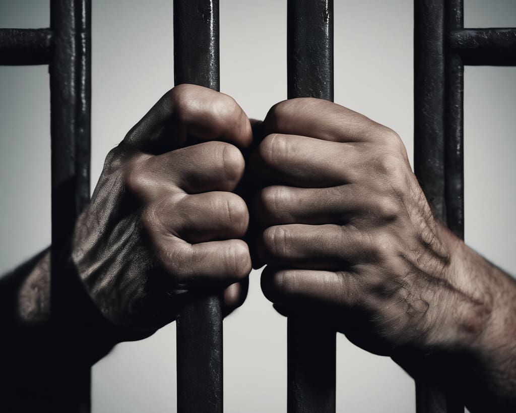 plano corto de las manos de un recluso tomado de los barrotes en una celda de un carcel oscura y fri 1 1