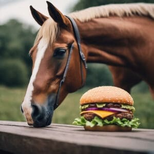 plano corto de un caballo y a su lado una hamburguesa 1