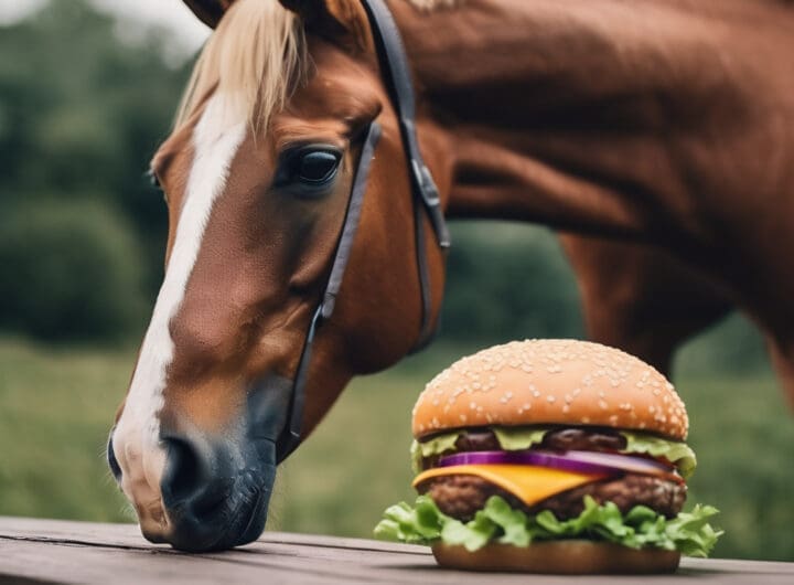 plano corto de un caballo y a su lado una hamburguesa 1