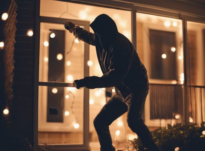 plano corto de un delicuente ladron robando una casa noche con fondo disfumado con luces 1