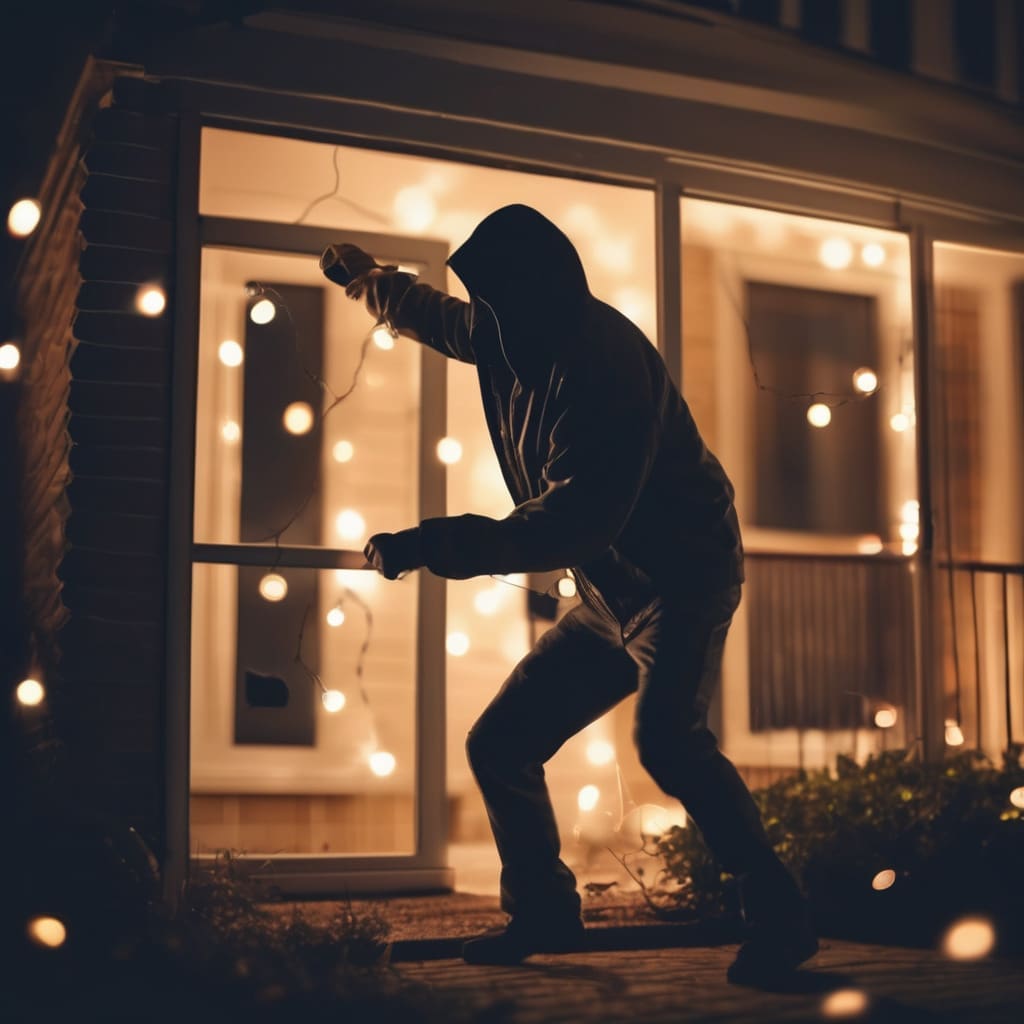 plano corto de un delicuente ladron robando una casa noche con fondo disfumado con luces 1