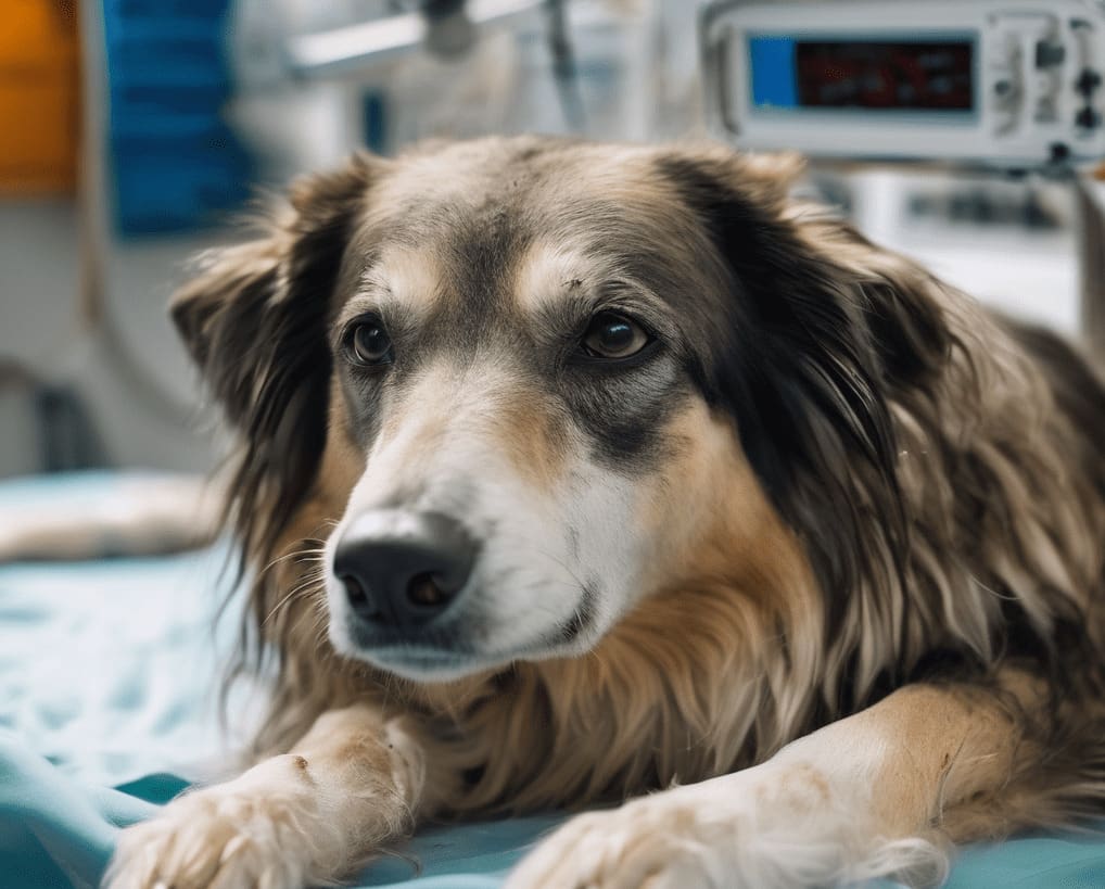 plano corto de un perro enfermo sobre una camilla de una veterinaria 1 1