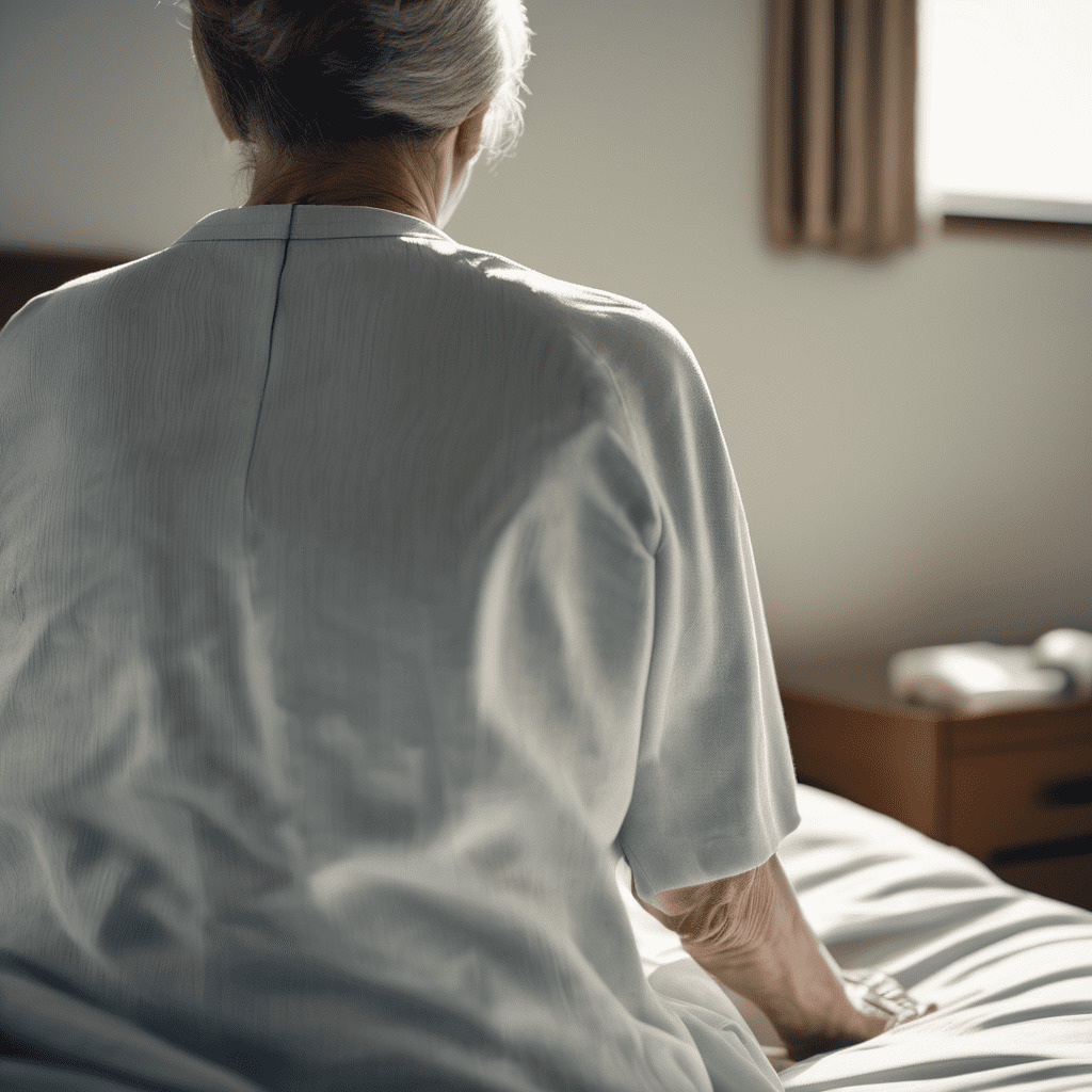 plano corto de una mujer sentada de espaldas de 52 anos en la camilla de un hospital con diagnostico de parkinson un ambiente soleado 1
