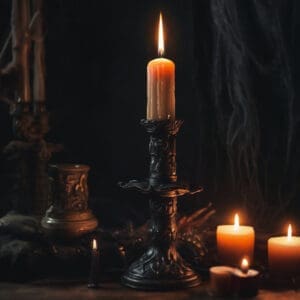 plano corto de una vela de brujeria en un entorno oscuro