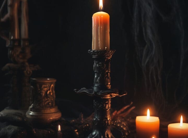 plano corto de una vela de brujeria en un entorno oscuro