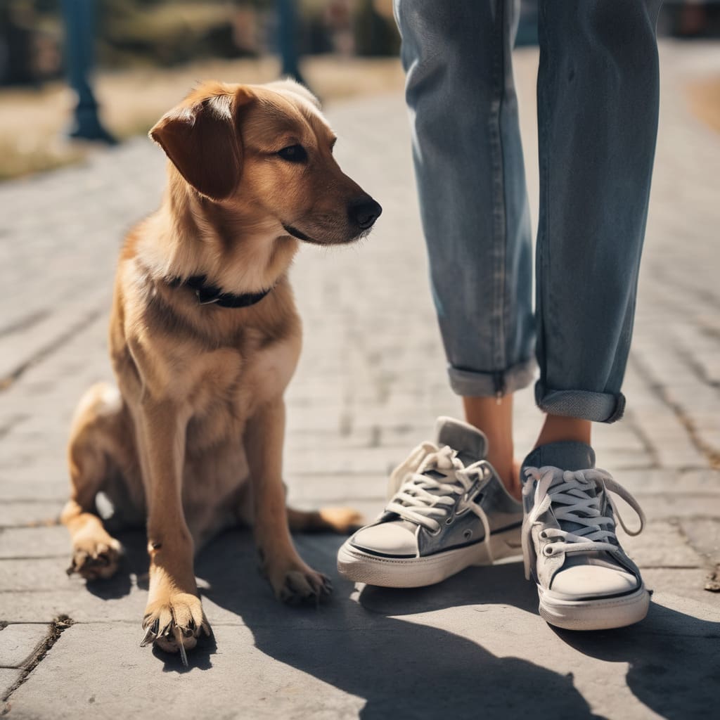 primer plano de un perro al lado de pies con zapatillas deportivas en un dia soleado 3