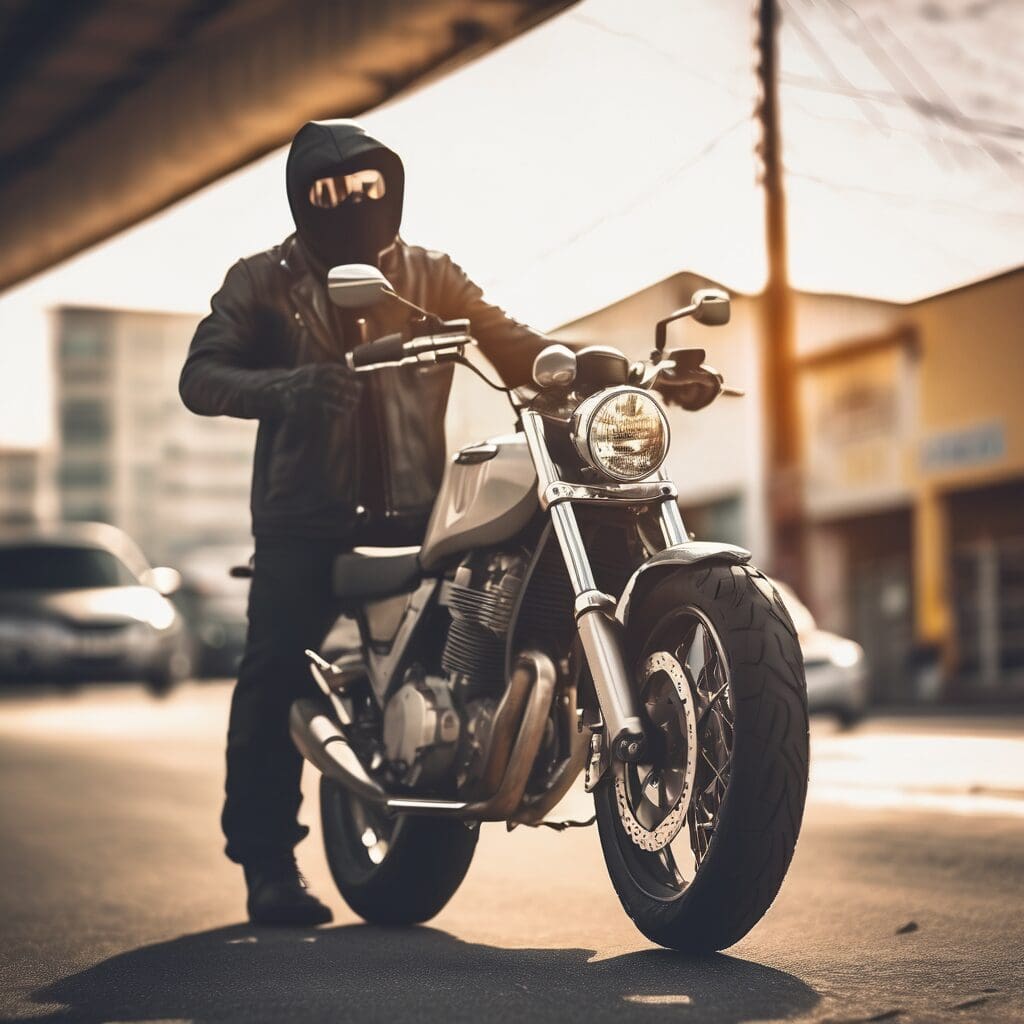 un delincuente robando una moto a plena luz del dia con fondo fuera de foco 2
