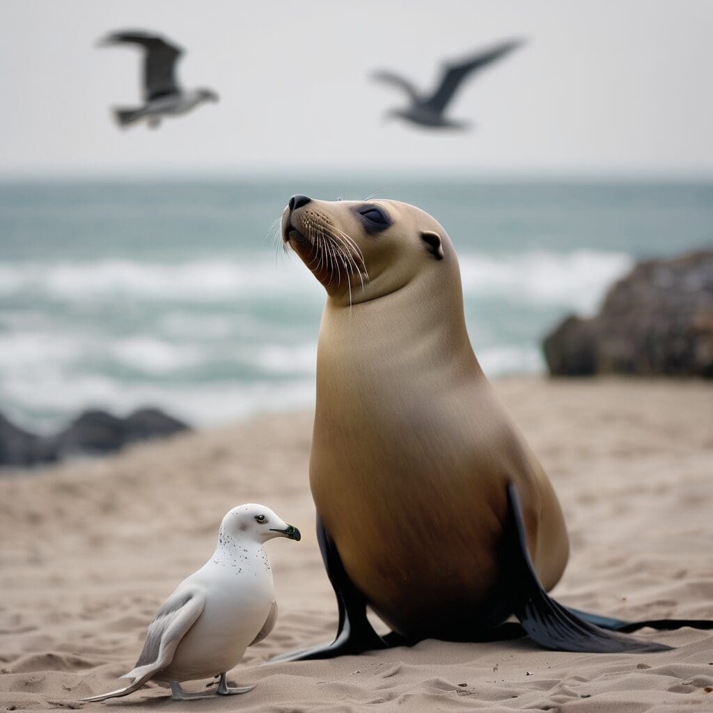 un lobo marino mirando a los ojos a una gaviota en la playa con mar del fondo nublado y fuera de foco