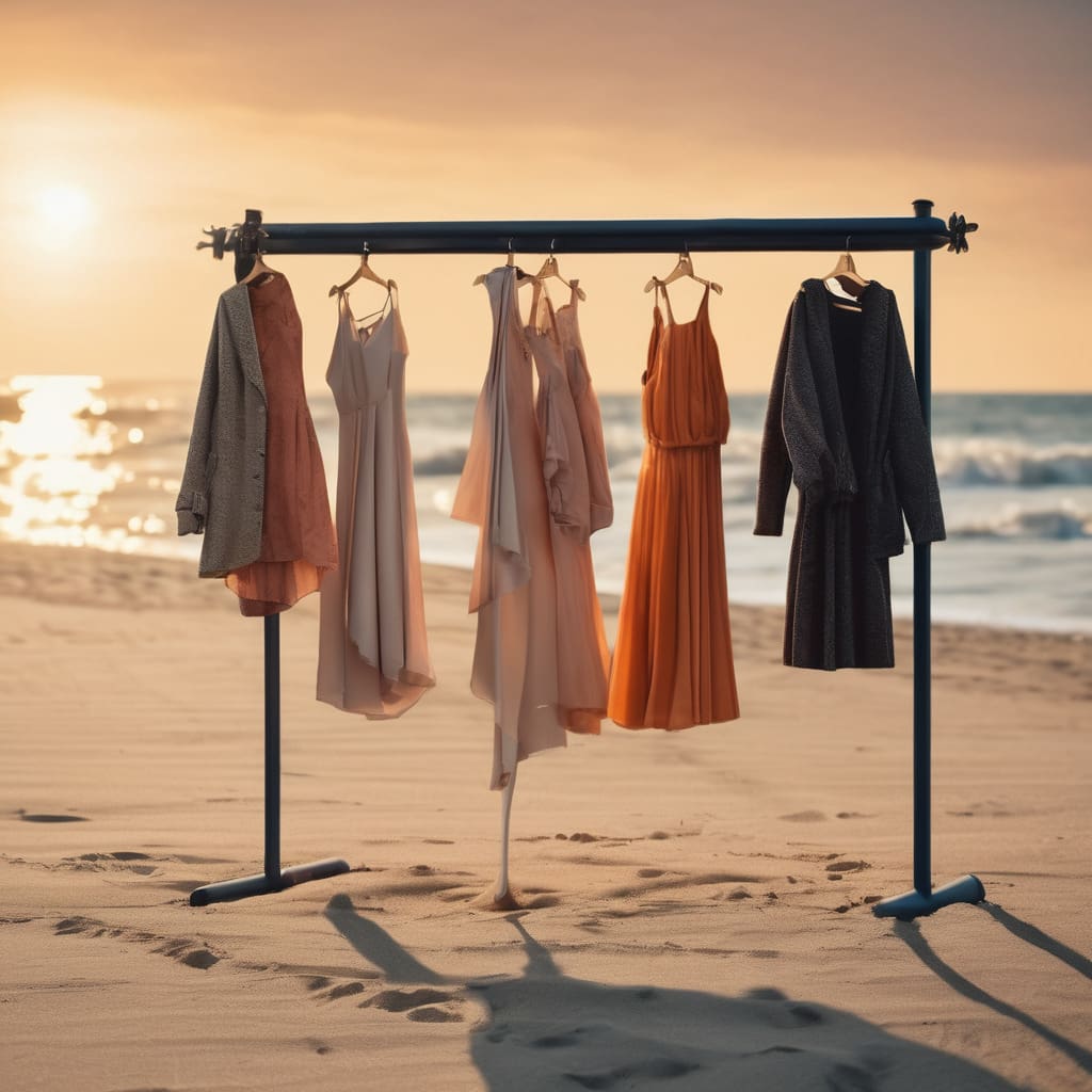 un perchero con vestidos simples de colores colgados en la arena del mar detras un amanecer