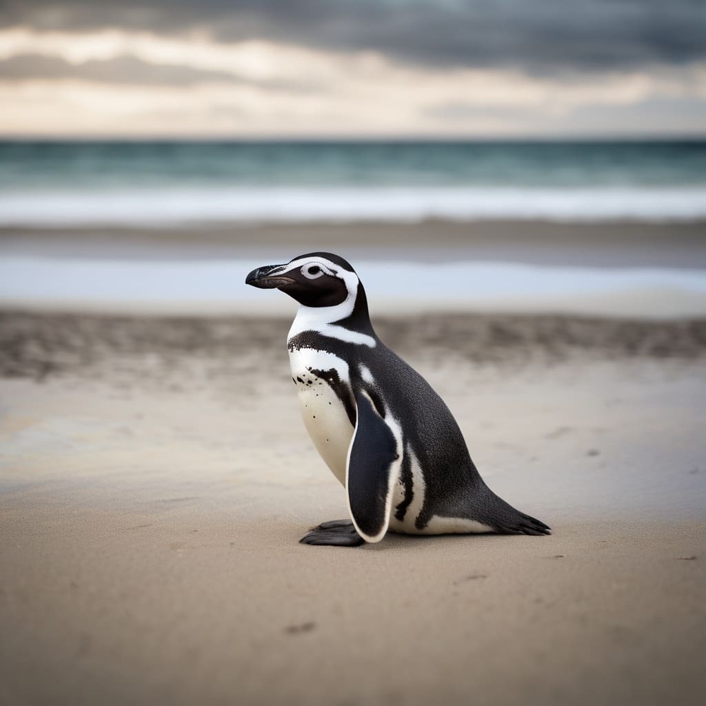 un pinguino mallanes descansando en la arena de una playa con el mar de fondo y el cielo nublado