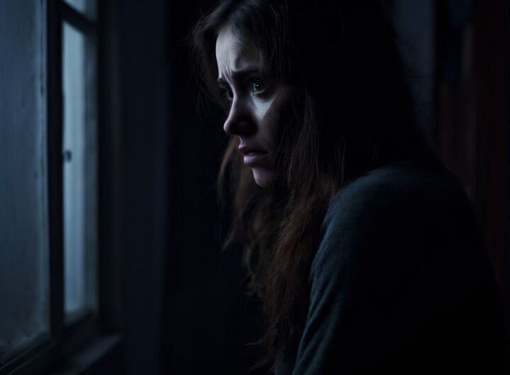 plano corto de una mujer de espaldas preocupada en una habitacion oscura png