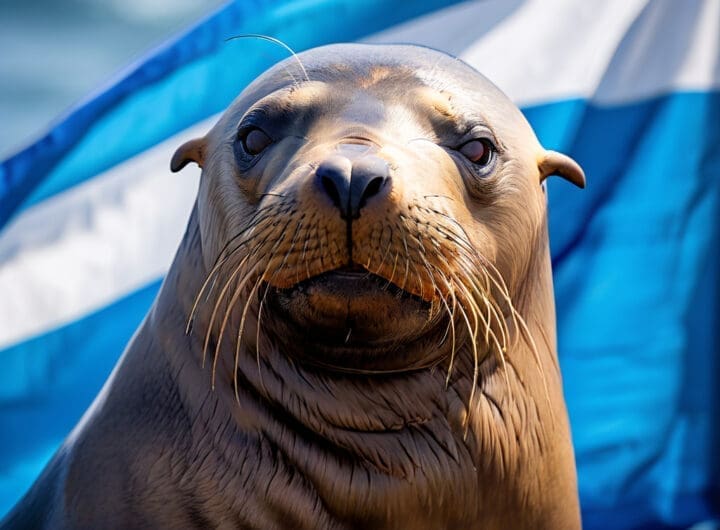 un lobo marino con una bandera azul y blanca png