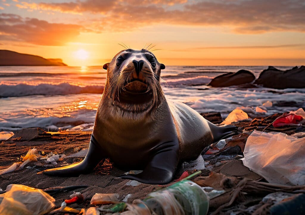 un lobo marino en medio de basura plastica en la arena con el atardecer y el mar de fondo png 1