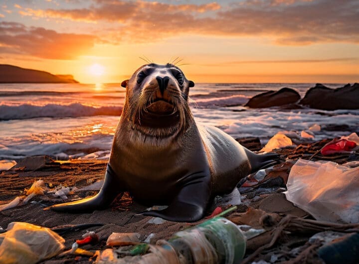 un lobo marino en medio de basura plastica en la arena con el atardecer y el mar de fondo png 1