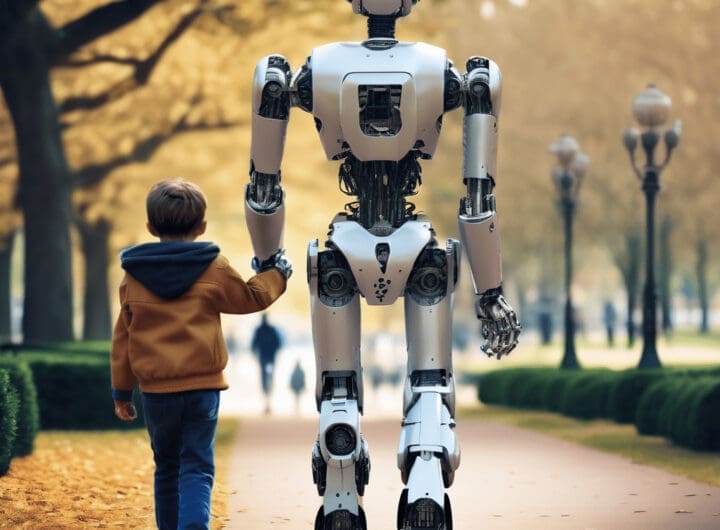 Imagen realista de Un robot humanoide con IA camina de espaldas con un nino tomando de la mano en un Parque png 1