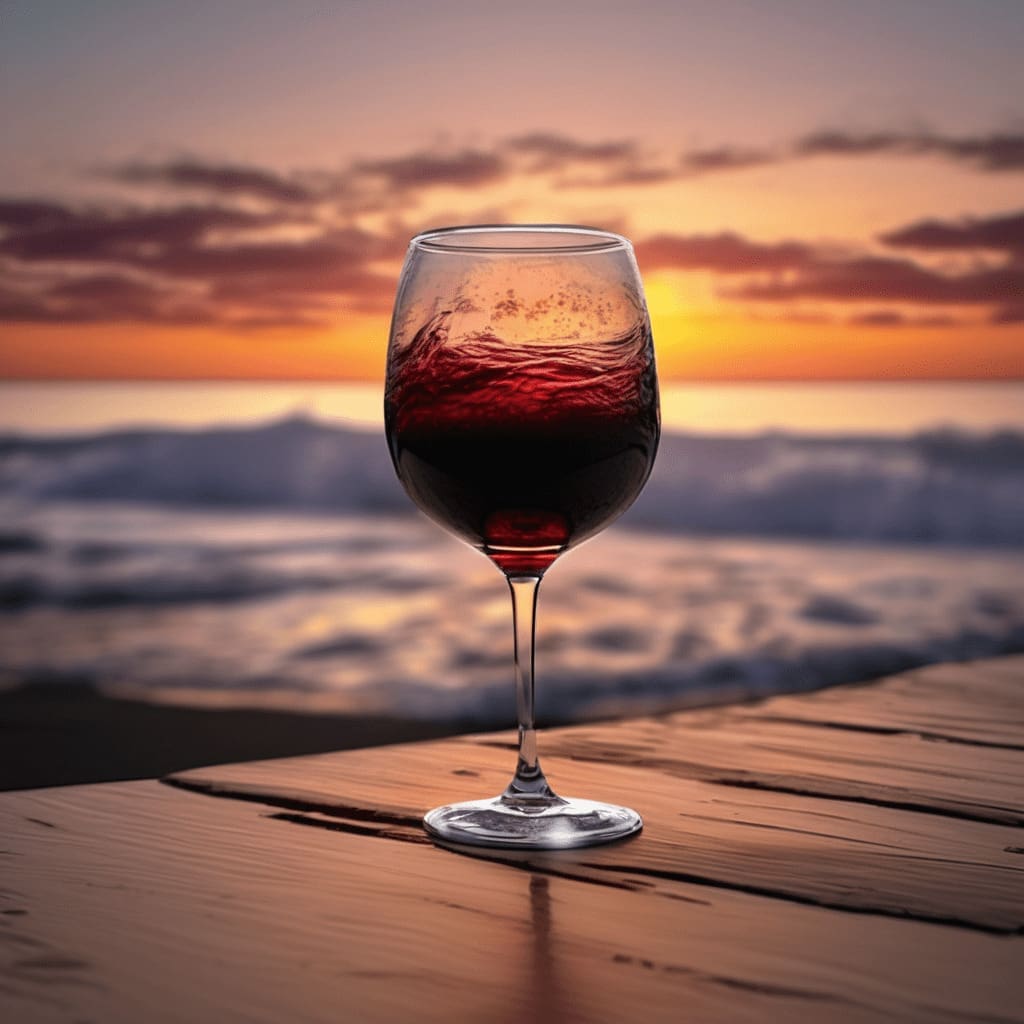 Una copa de vino tinto a la orilla del Mar con el atardecer de fondo png 1