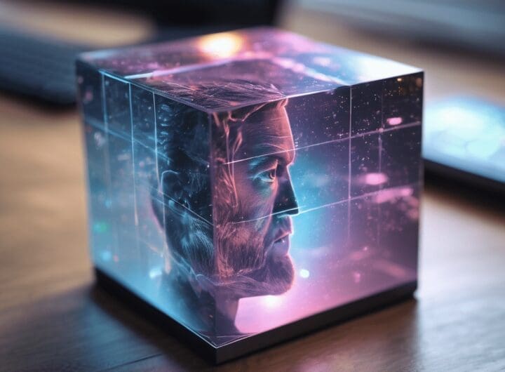 un cubo holografico refleja la imagen de un hombre sobre un escritorio desordenado png 1