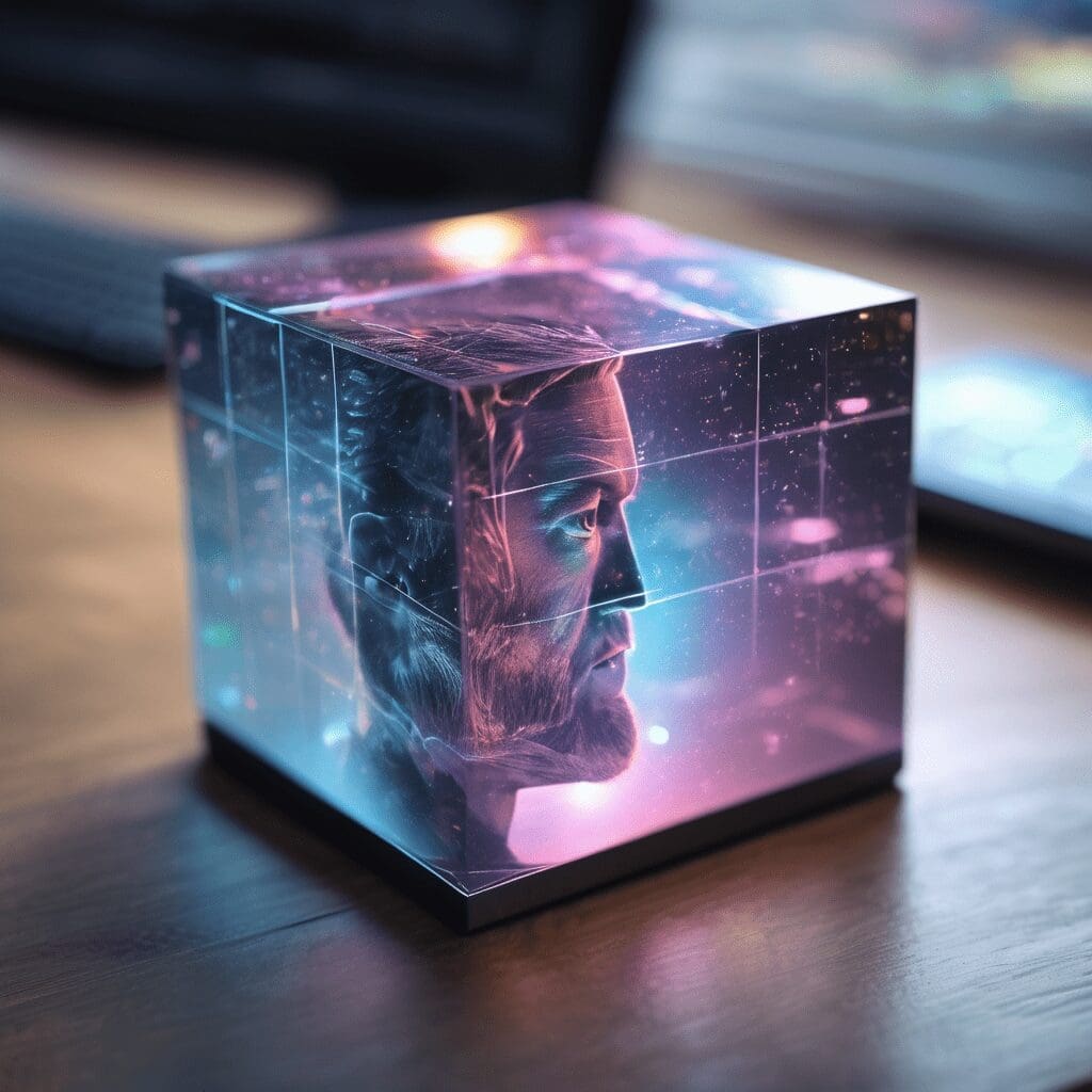 un cubo holografico refleja la imagen de un hombre sobre un escritorio desordenado png 1