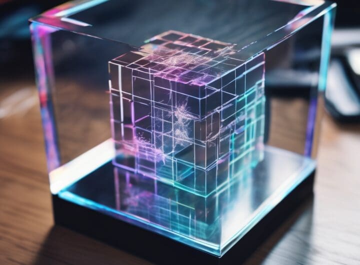 un cubo holografico refleja la imagen de un hombre sobre un escritorio desordenado png 3