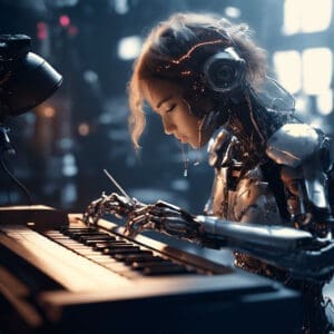 plano corto de un robot mujer componiendo musica png 1