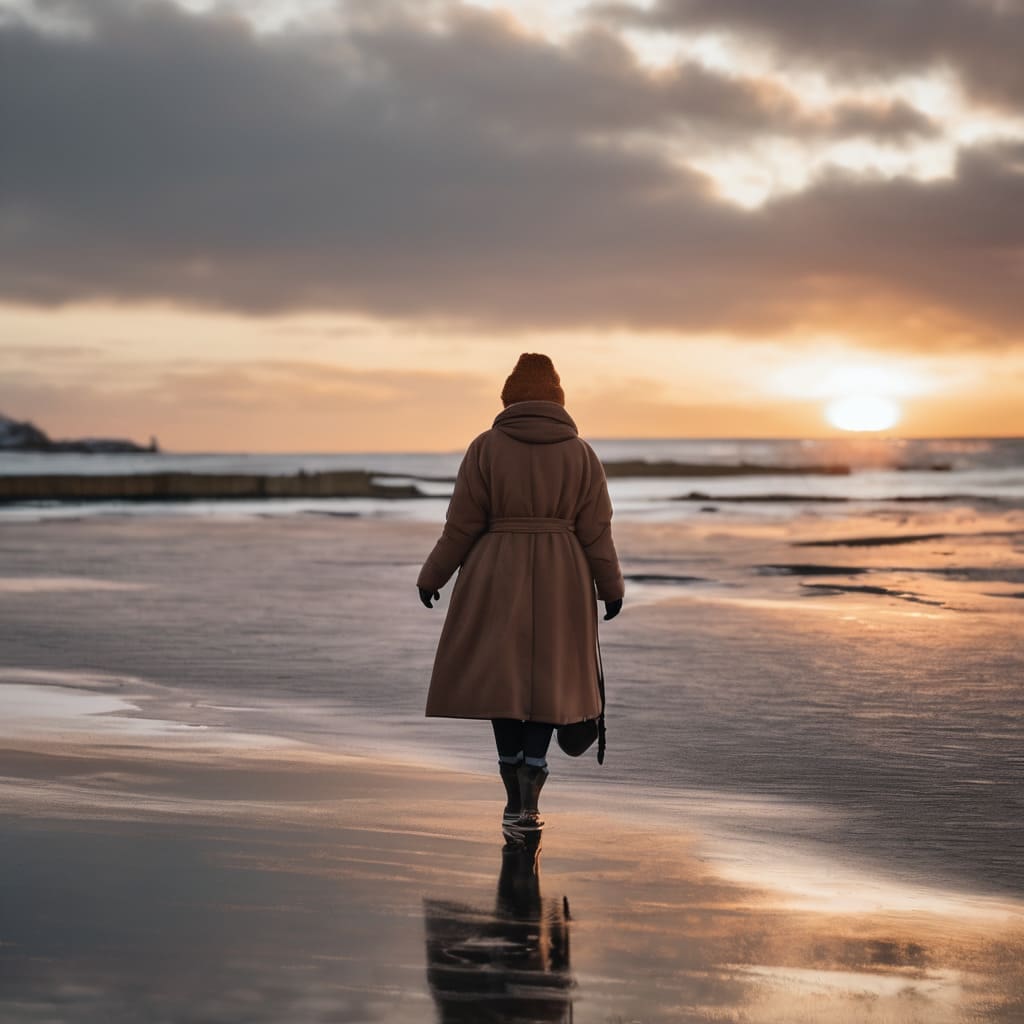 una mujer de espaldas muy abrigada caminando en la orilla del mar mucho frio al atardecer png 1 1